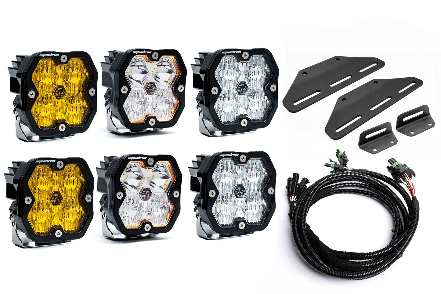 SPV Parts 2024+ Raptor MODULAR BUMPER - Baja Designs Squadron 2.0 Sport & PRO (RGBW Backlit)Triple POST MOUNT Light Kit