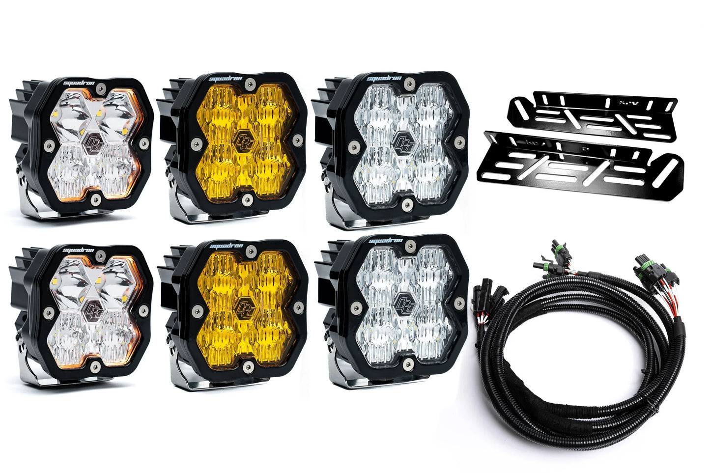 SPV Parts 2021-2026 Ford Raptor Baja Designs Squadron 2.0 Sport & PRO Triple Fog Light Kit (With Brackets) (RGBW Backlit)