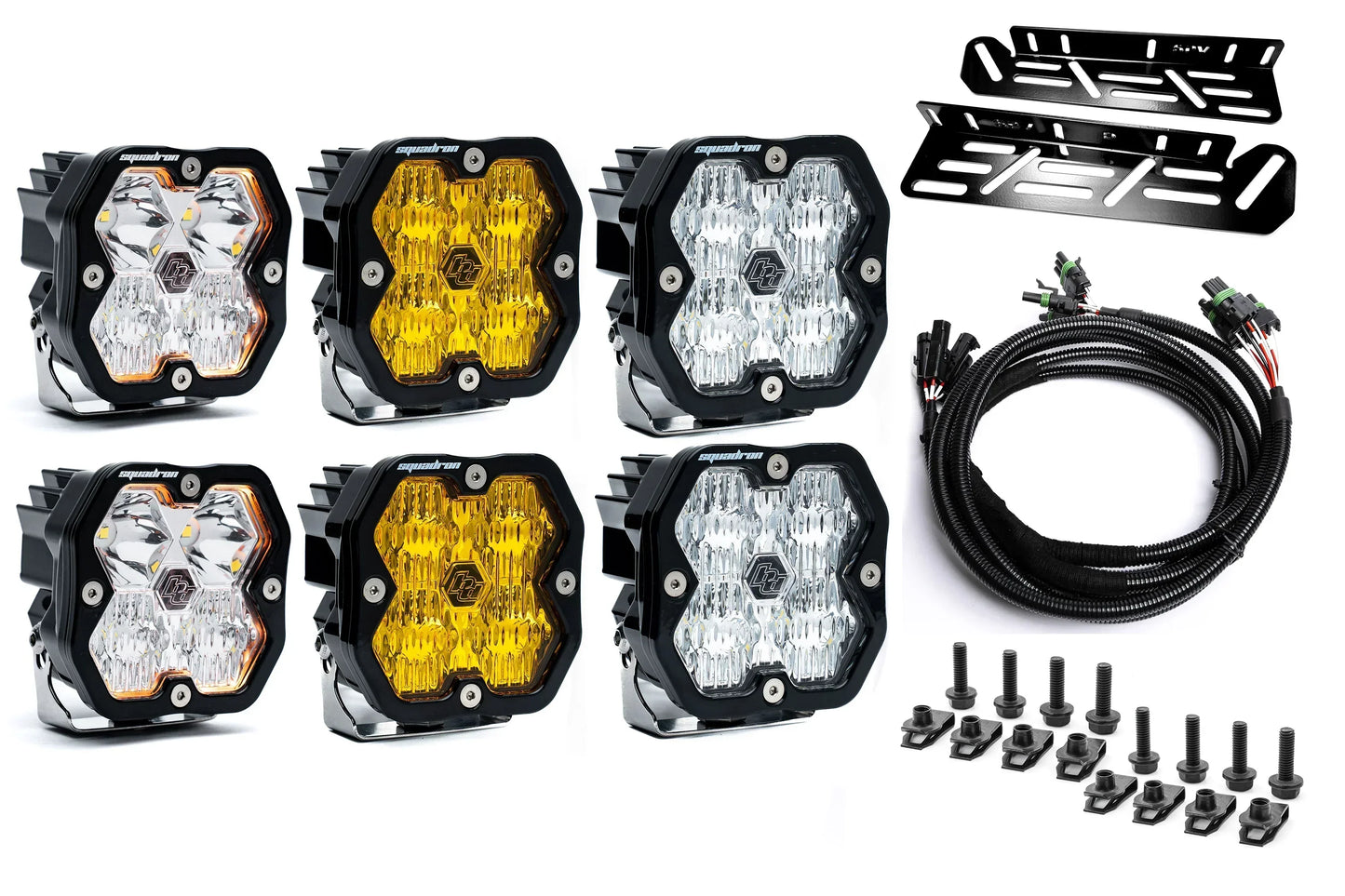 SPV Parts 2021-2026 Ford Raptor Baja Designs Squadron 2.0 Sport & PRO Triple Fog Light Kit (With Brackets) (RGBW Backlit)