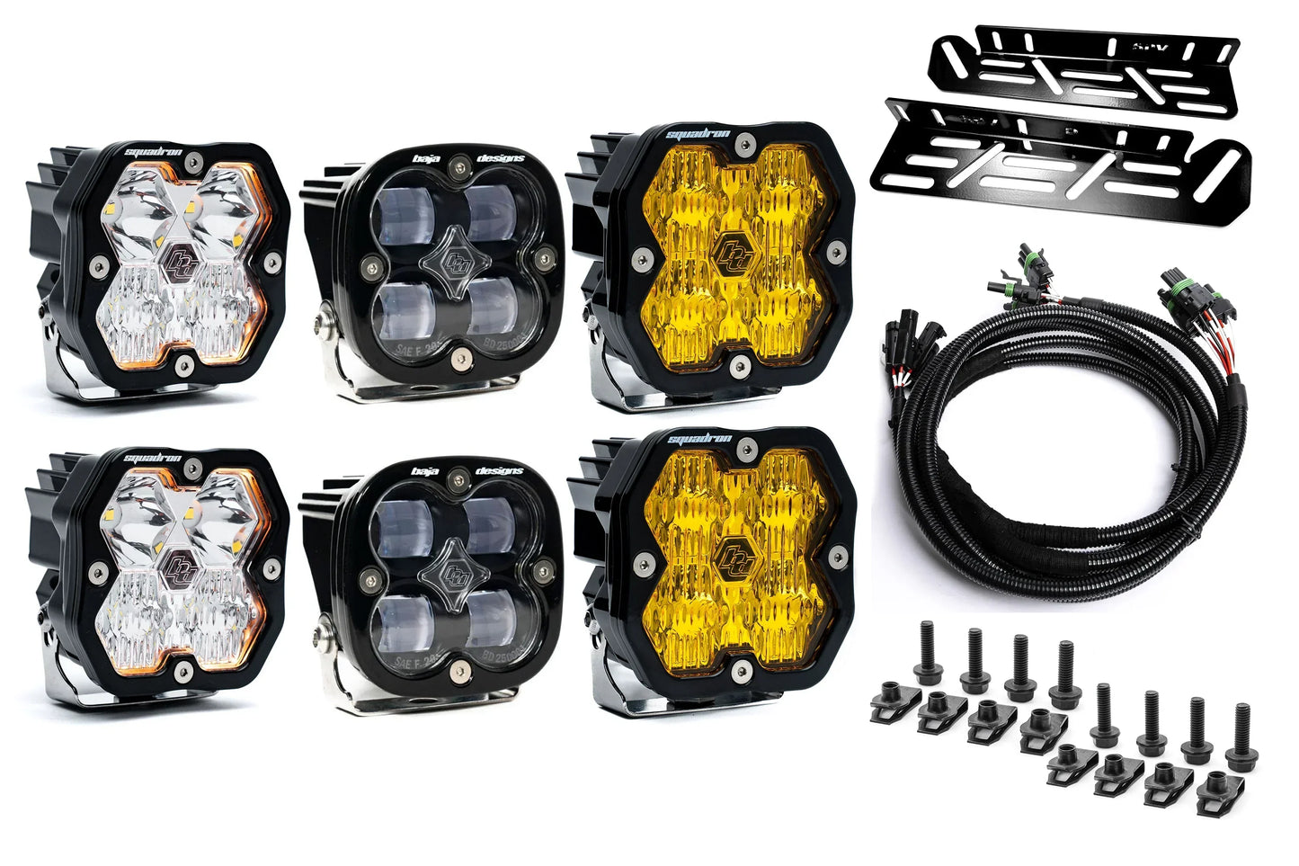 SPV Parts 2021-2026 Ford Raptor Baja Designs Squadron 2.0 Sport & PRO Triple Fog Light Kit (With Brackets) (RGBW Backlit)