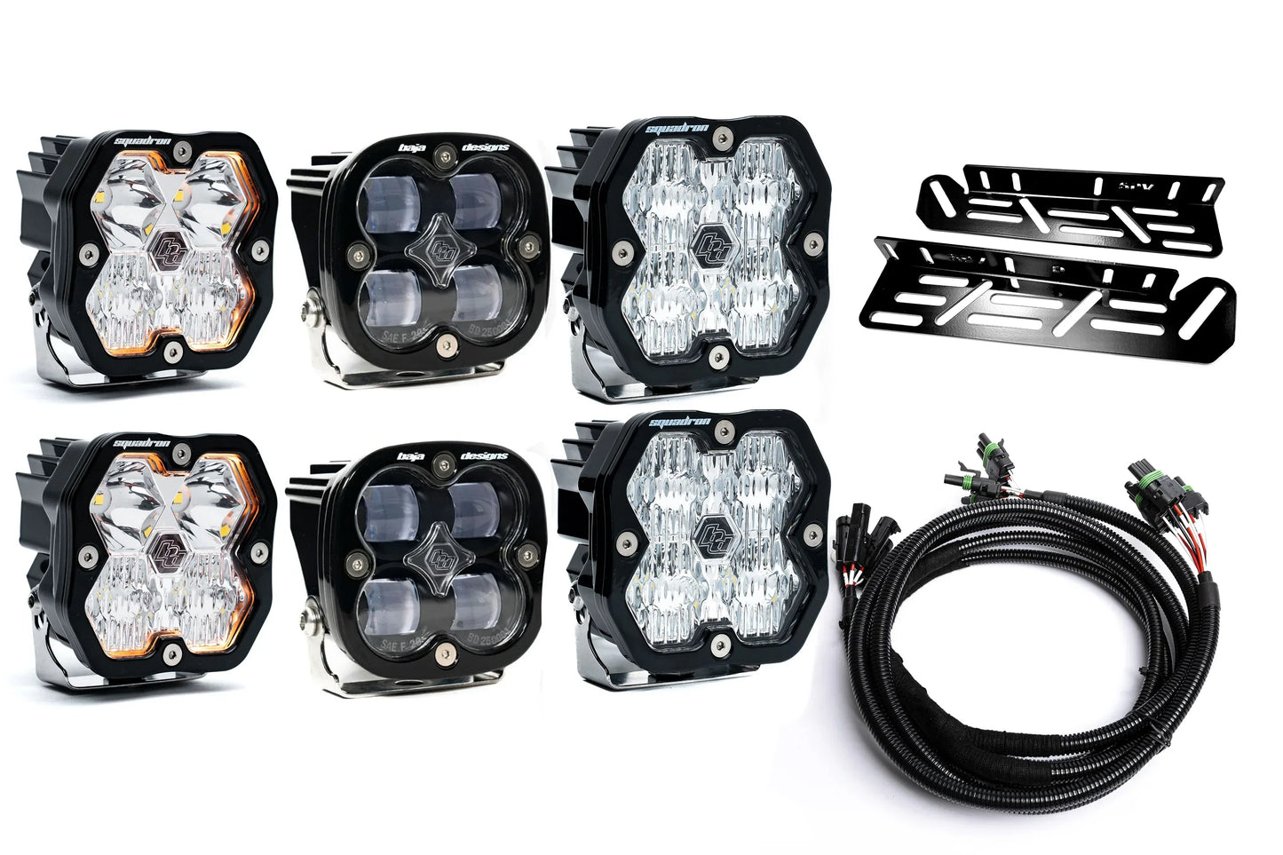 SPV Parts 2021-2026 Ford Raptor Baja Designs Squadron 2.0 Sport & PRO Triple Fog Light Kit (With Brackets) (RGBW Backlit)