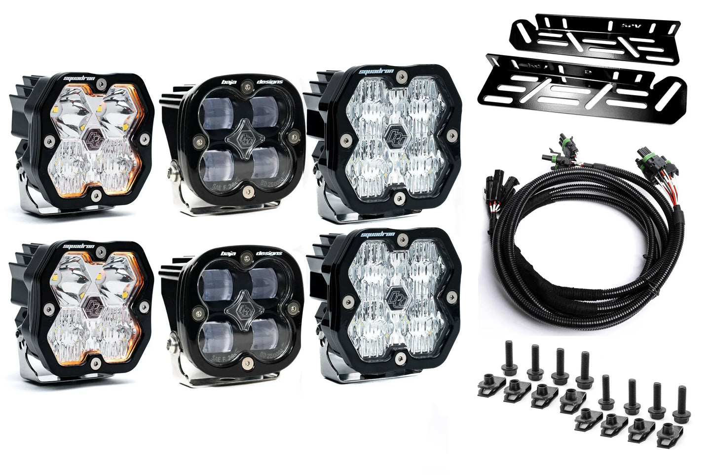 SPV Parts 2021-2026 Ford Raptor Baja Designs Squadron 2.0 Sport & PRO Triple Fog Light Kit (With Brackets) (RGBW Backlit)