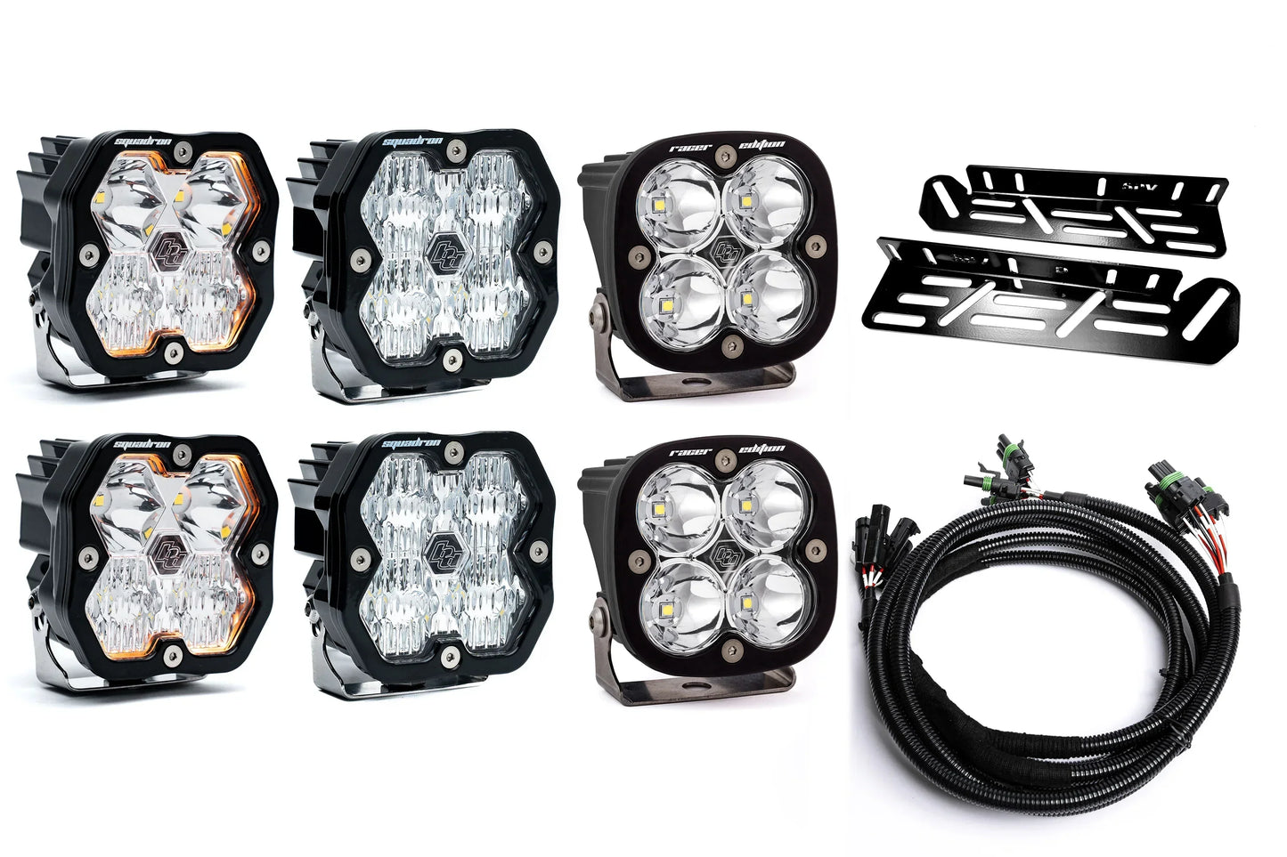 SPV Parts 2021-2026 Ford Raptor Baja Designs Squadron 2.0 Sport & PRO Triple Fog Light Kit (With Brackets) (RGBW Backlit)
