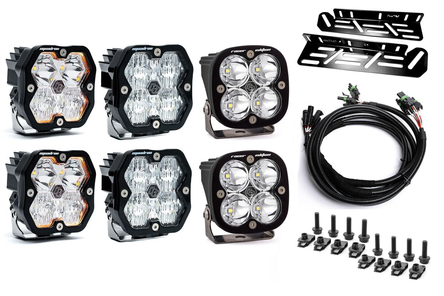 SPV Parts 2021-2026 Ford Raptor Baja Designs Squadron 2.0 Sport & PRO Triple Fog Light Kit (With Brackets) (RGBW Backlit)