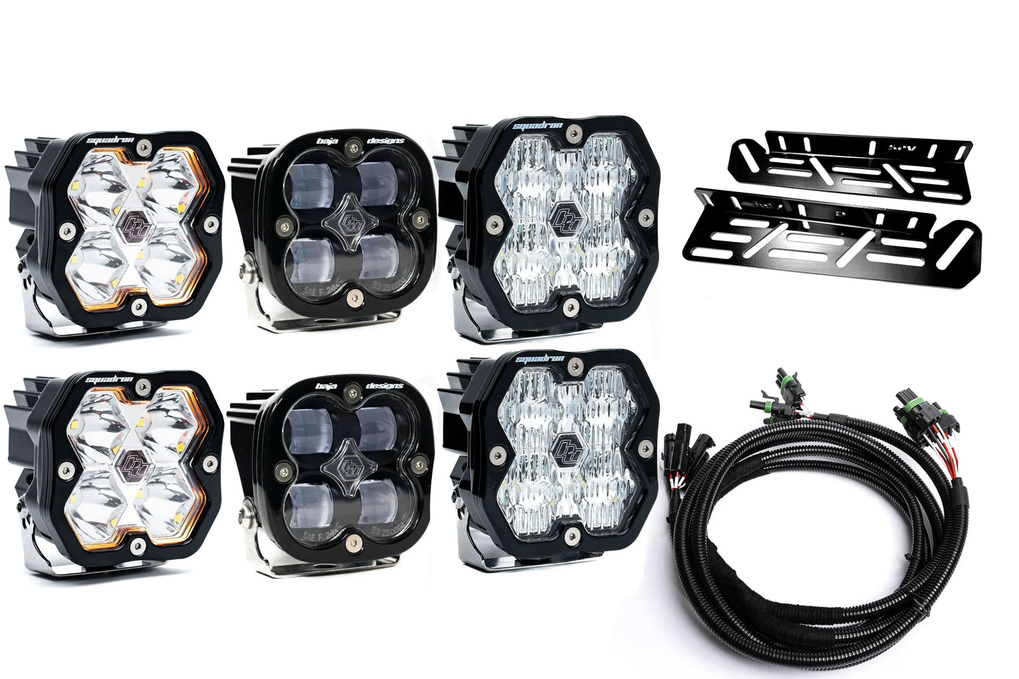 SPV Parts 2021-2026 Ford Raptor Baja Designs Squadron 2.0 Sport & PRO Triple Fog Light Kit (With Brackets) (RGBW Backlit)