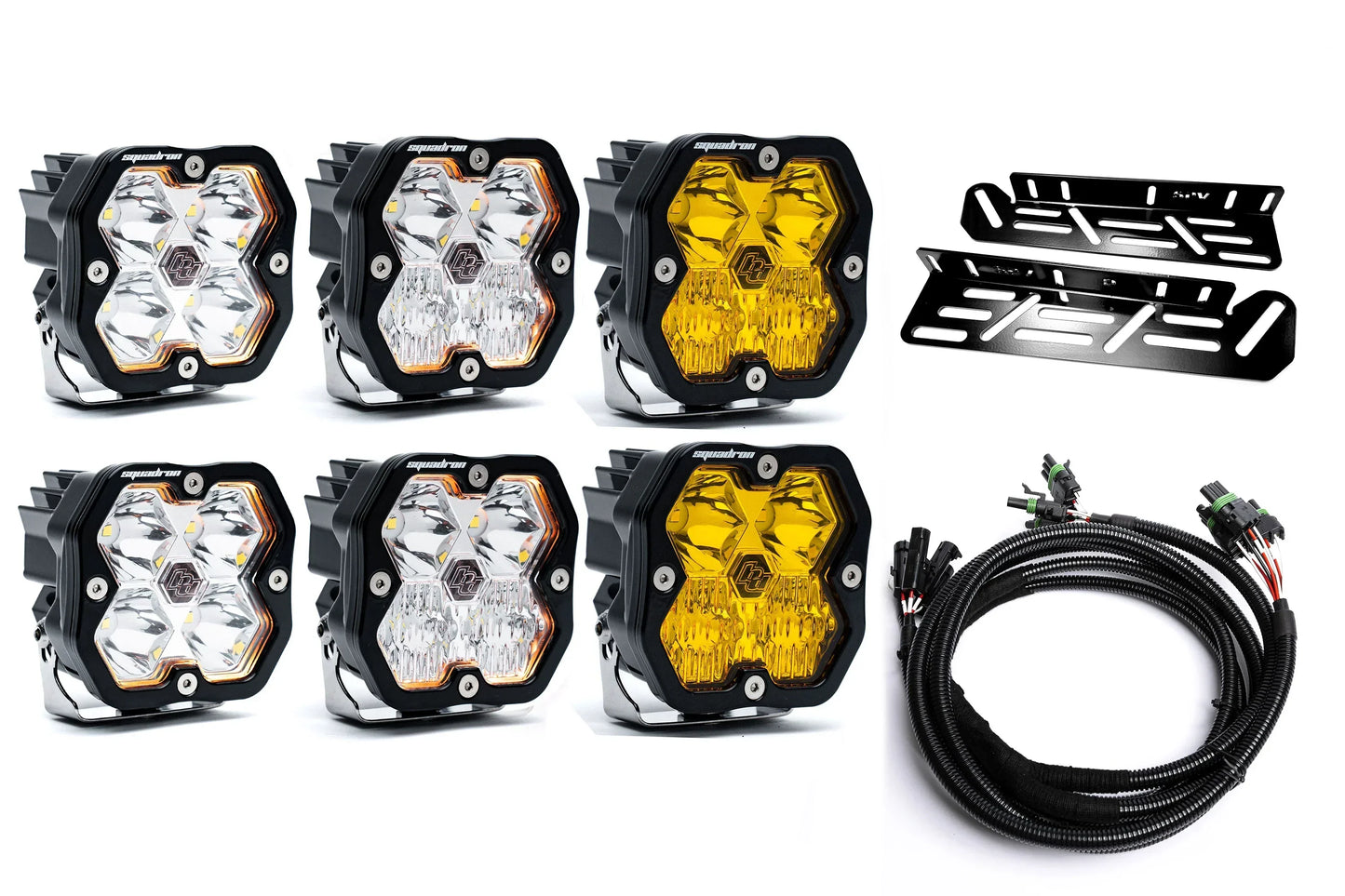SPV Parts 2021-2026 Ford Raptor Baja Designs Squadron 2.0 Sport & PRO Triple Fog Light Kit (With Brackets) (RGBW Backlit)