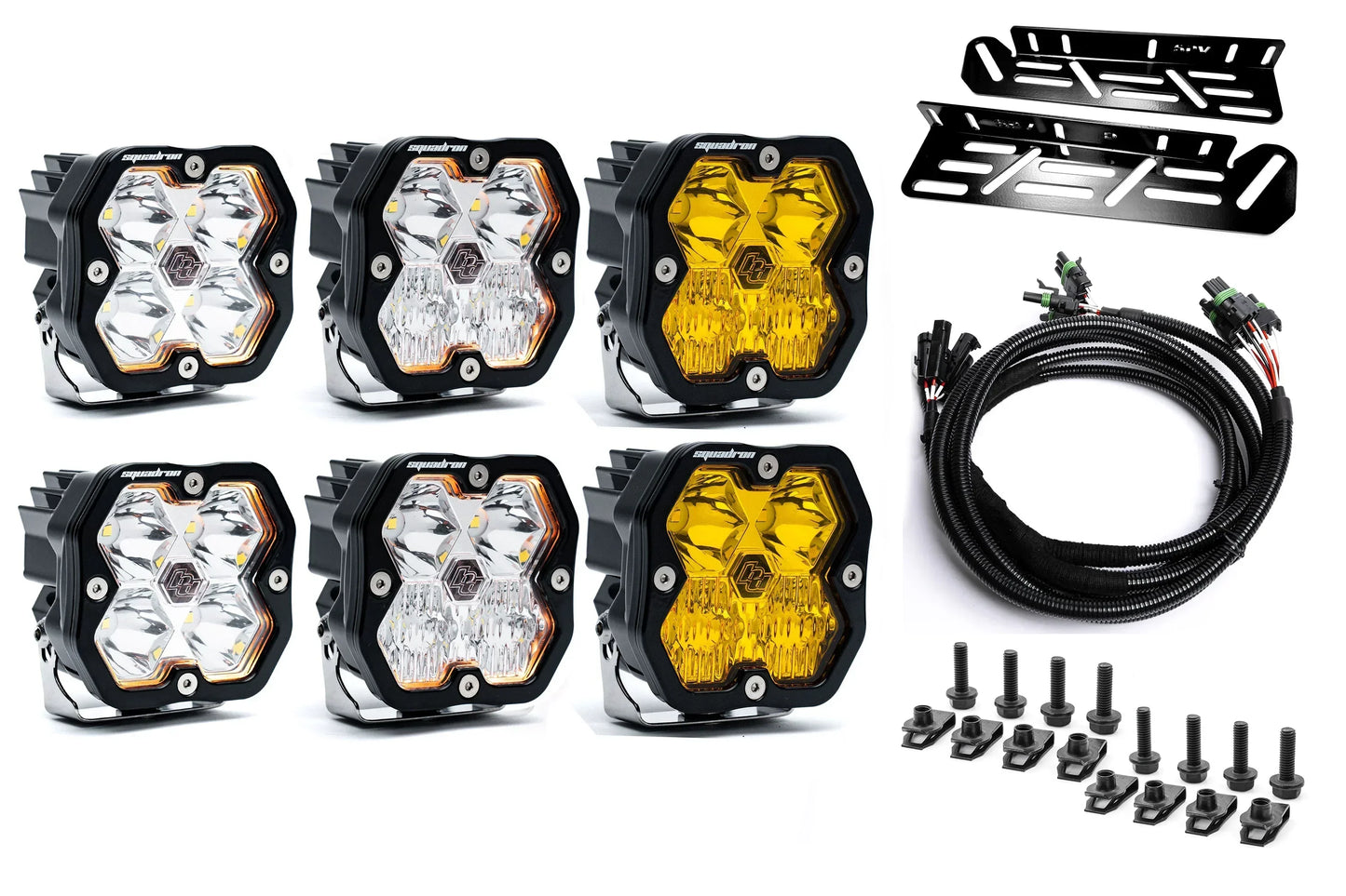 SPV Parts 2021-2026 Ford Raptor Baja Designs Squadron 2.0 Sport & PRO Triple Fog Light Kit (With Brackets) (RGBW Backlit)