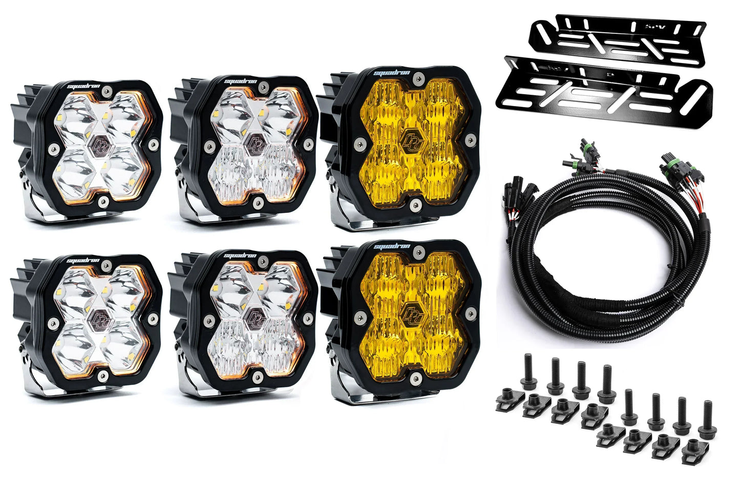 SPV Parts 2021-2026 Ford Raptor Baja Designs Squadron 2.0 Sport & PRO Triple Fog Light Kit (With Brackets) (RGBW Backlit)