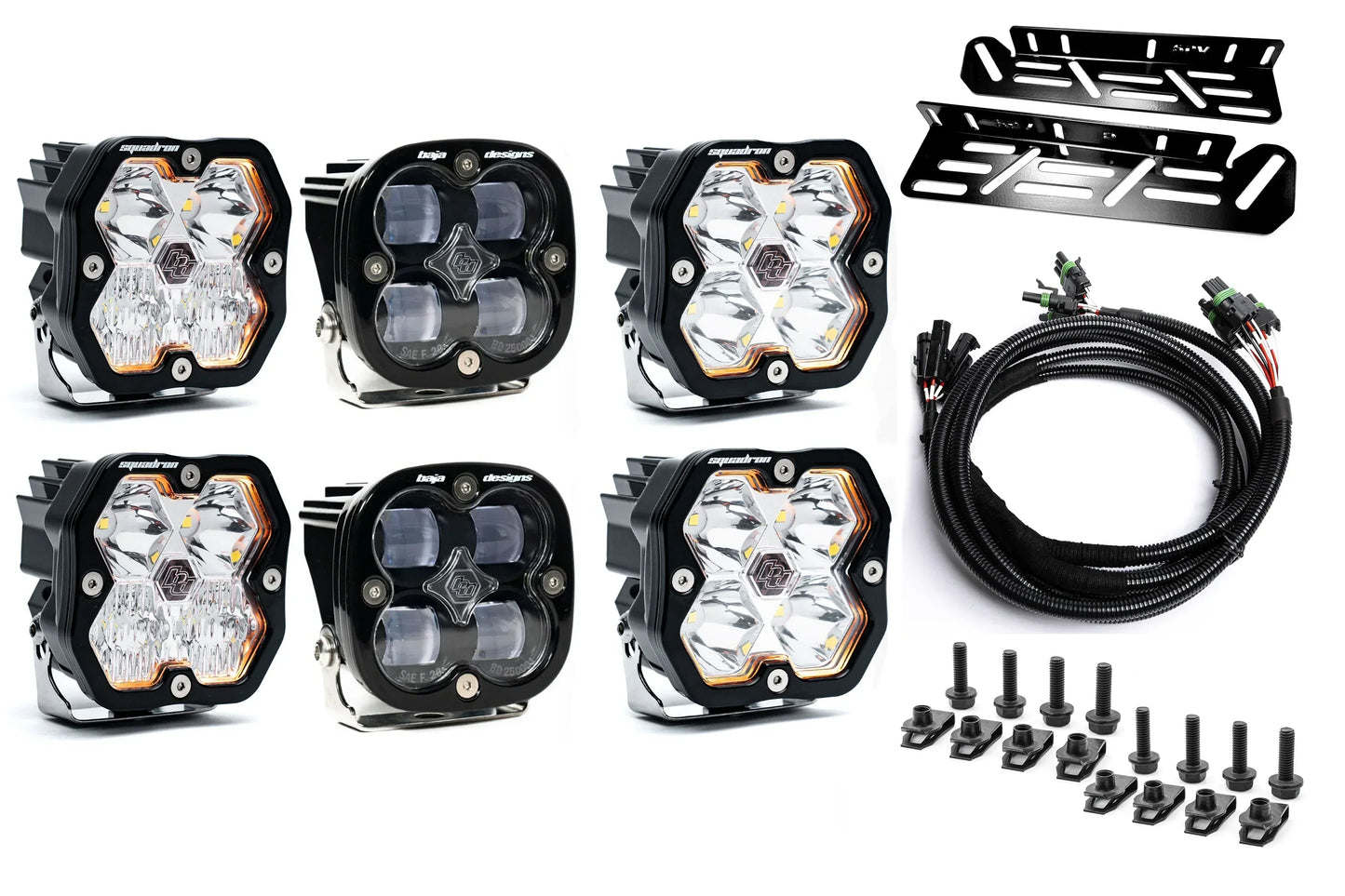 SPV Parts 2021-2026 Ford Raptor Baja Designs Squadron 2.0 Sport & PRO Triple Fog Light Kit (With Brackets) (RGBW Backlit)