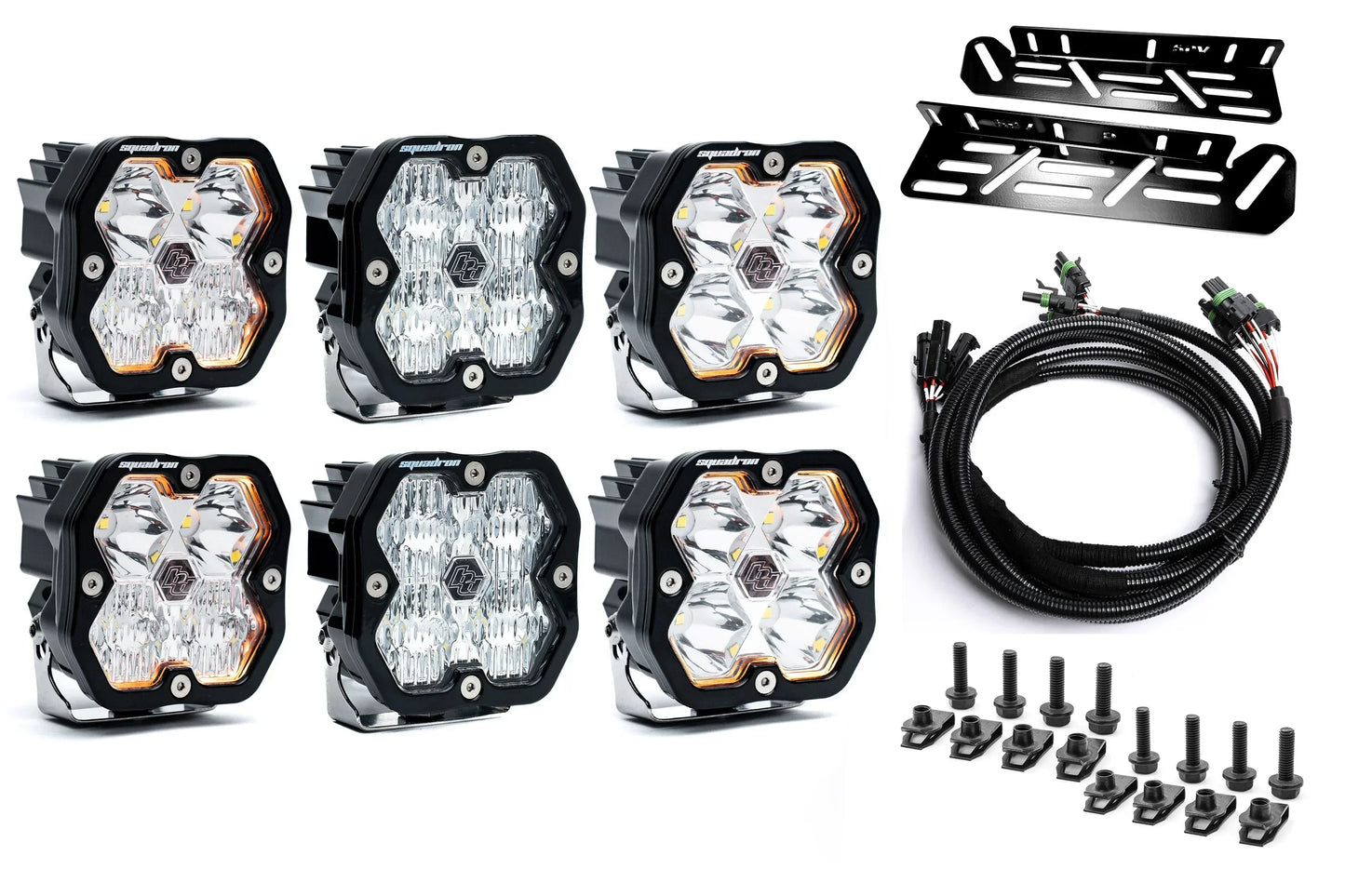 SPV Parts 2021-2026 Ford Raptor Baja Designs Squadron 2.0 Sport & PRO Triple Fog Light Kit (With Brackets) (RGBW Backlit)