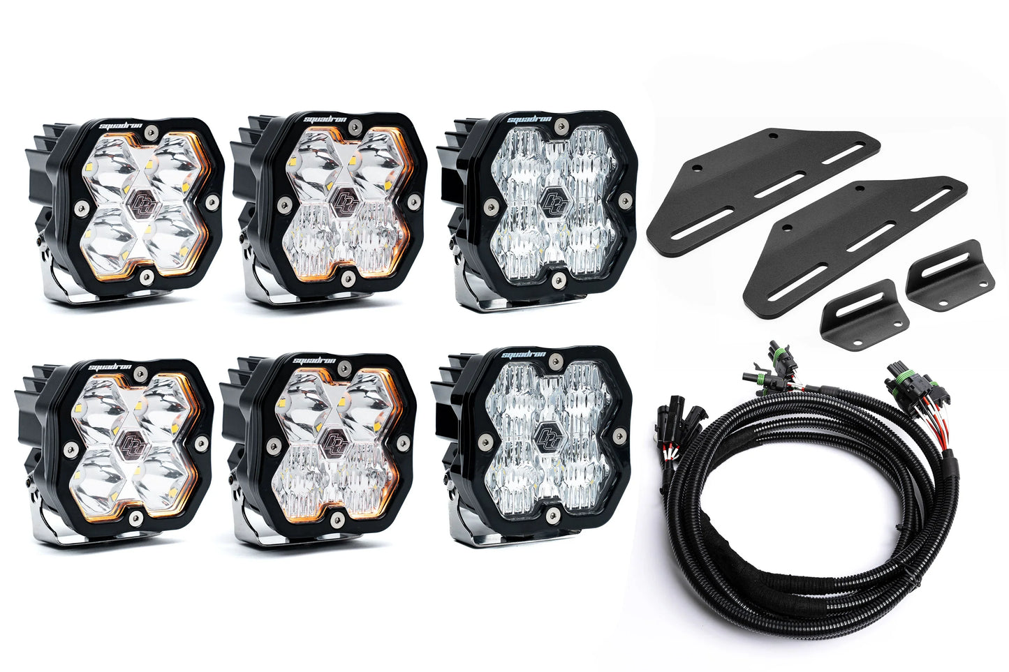 SPV Parts 2024+ Raptor MODULAR BUMPER - Baja Designs Squadron 2.0 Sport & PRO (RGBW Backlit)Triple POST MOUNT Light Kit