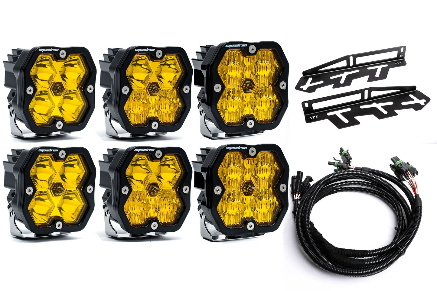 SPV Parts 2017-2020 Ford Raptor Baja Designs Squadron 2.0 Sport & PRO Triple Fog Light Kit (With Brackets) (RGBW Backlit)