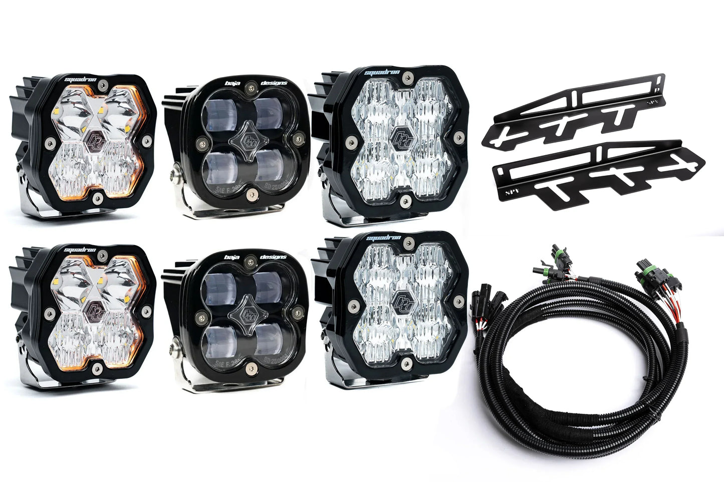 SPV Parts 2017-2020 Ford Raptor Baja Designs Squadron 2.0 Sport & PRO Triple Fog Light Kit (With Brackets) (RGBW Backlit)