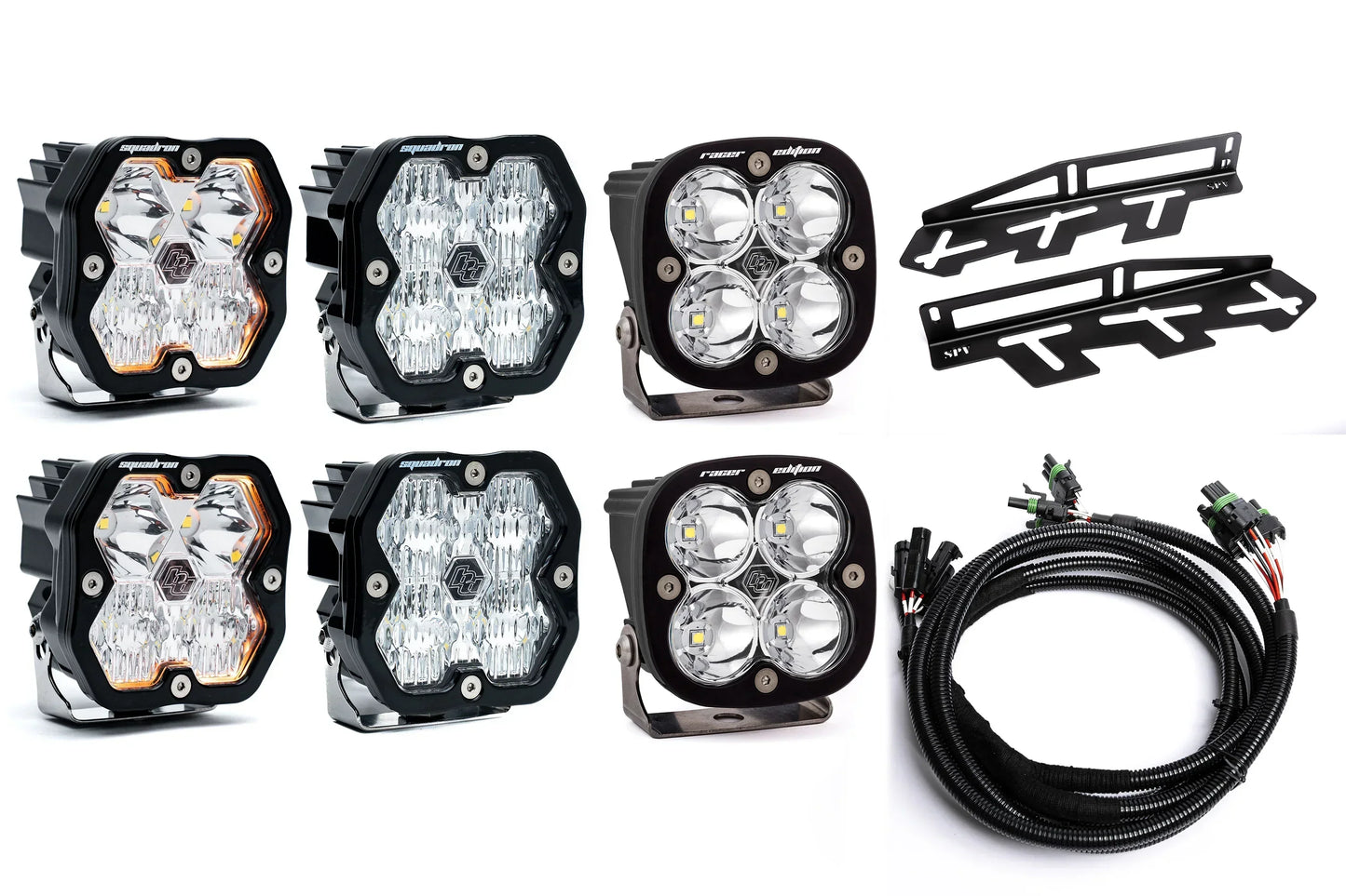 SPV Parts 2017-2020 Ford Raptor Baja Designs Squadron 2.0 Sport & PRO Triple Fog Light Kit (With Brackets) (RGBW Backlit)
