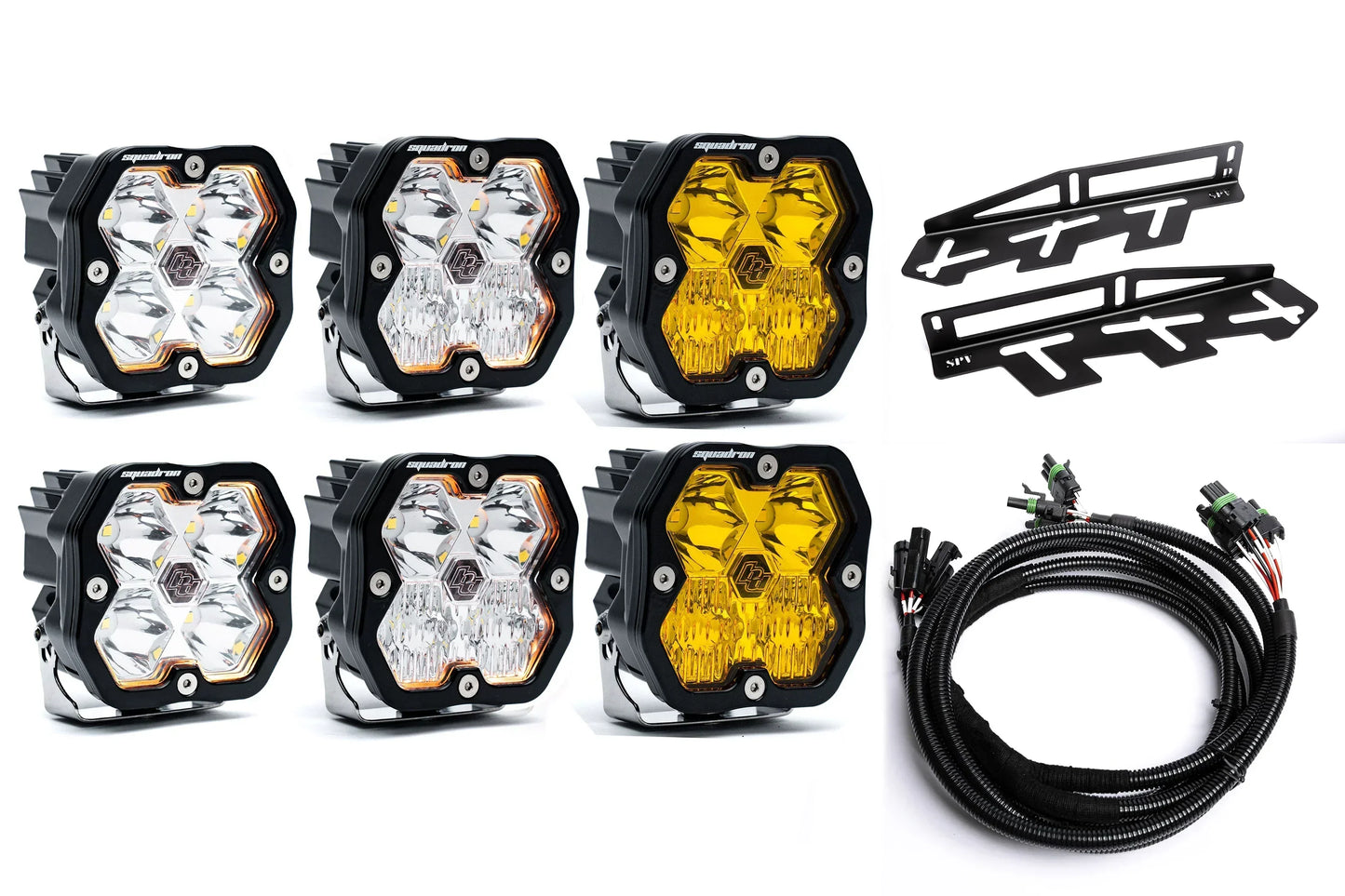 SPV Parts 2017-2020 Ford Raptor Baja Designs Squadron 2.0 Sport & PRO Triple Fog Light Kit (With Brackets) (RGBW Backlit)