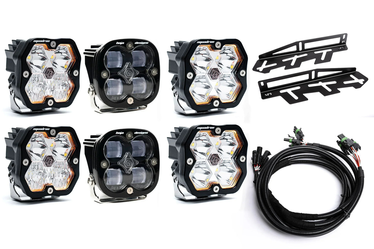 SPV Parts 2017-2020 Ford Raptor Baja Designs Squadron 2.0 Sport & PRO Triple Fog Light Kit (With Brackets) (RGBW Backlit)